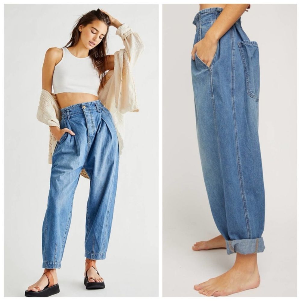 We the Free Sawyer Pull On BG Oversized Baggy Barrel Jeans Medium Wash Sz L